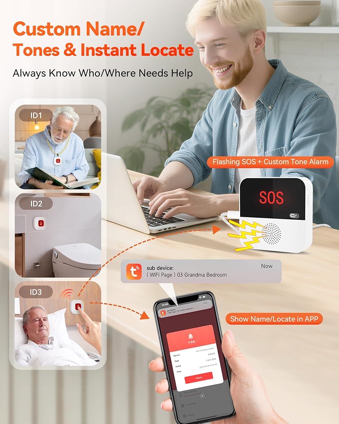PILSAMAS WiFi Caregiver Pager Wireless Call Button with App Alert, Medical Alert Systems for Seniors No Monthly Fee with 2 Emergency Call Button, Alert Button for Seniors at Home