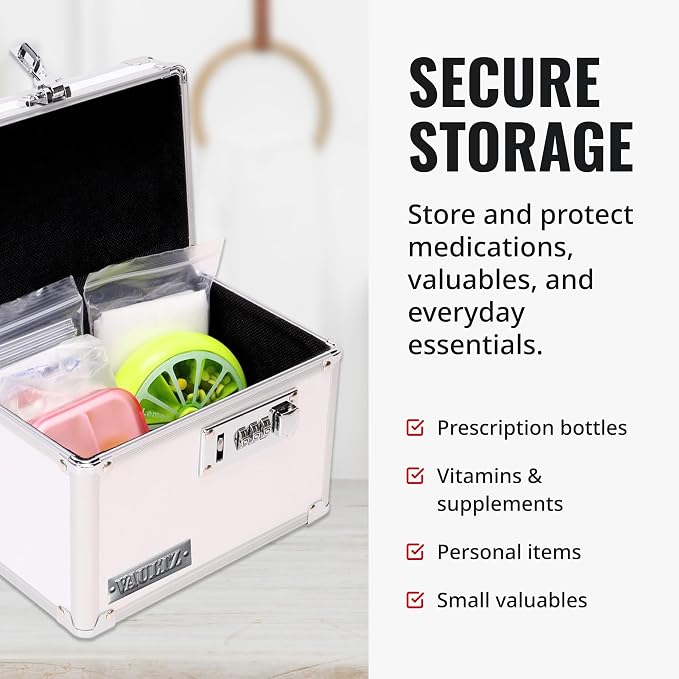 Vaultz Locking Medicine Box with Combination Lock - Secure Metal Lock Box Safe for Medication, Pills & Valuables, Small Lockbox with Code, Portable Storage Case, White