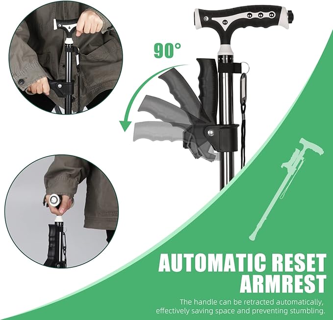 Hold 440 Lbs Walking Cane for Men & Women Aluminum Alloy Lightweight Height Adjustable Walking Stick Heavy Duty Foldbale Free Standing Cane with LED for Seniors Adults