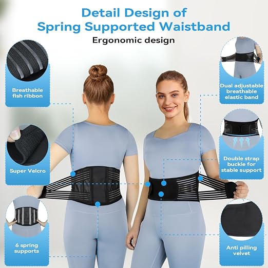 Back Brace for Lower Back Pain Relief,Back Support Belt for Men & Women | 6 Stainless Steel Spring Lumbar Support Belt For Herniated Disc and Sciatica，Four 2-in-1 elastic bands on the back Back Belt