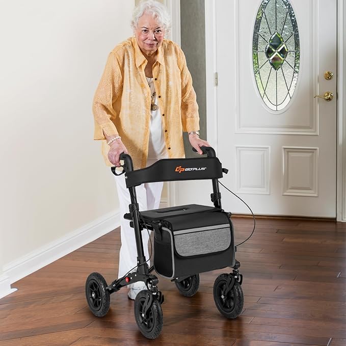 Goplus Walkers for Seniors with Seat, 2 in 1 Folding Rolling Rollator Walker with 9" Pneumatic Tires for All Terrain, Height Adjustment, Ergonomic Backrest, Aluminum Adult Mobility Walking Aid