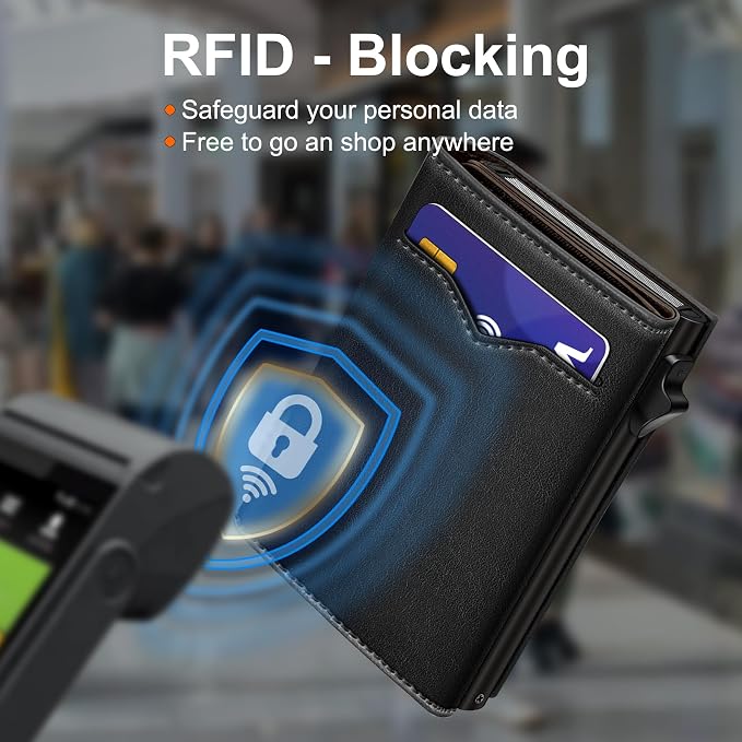 Wallet for Men,with Cash Pocket 2 ID Window 9-13 Cards,Metal Case Smart Slim Pop Up Credit Card Holder Flip with Magnetic Closure RFID Blocking Trifold wallet with Gift Box