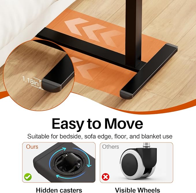Overbed Table with Wheels, Pneumatic Height and Tilting Desktop | Top Tilts 0-60° with Anti-Slip Stops, Hook, Capacity 66 lbs, 1.18 in Low-Profile Base Slides Easily Under Beds and Sofa