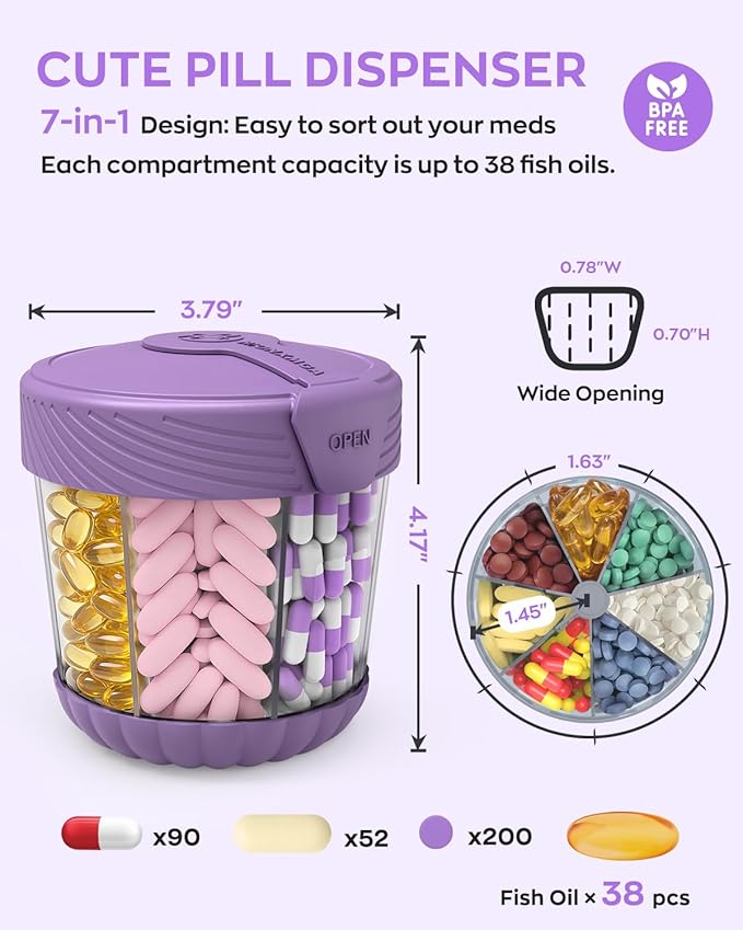 Cute Pill Dispenser with 7 Large Compartments, Portable Pill Bottle Organizer with Wide Opening for Travel, Anti-Mixing Pill Container, Shatterproof BPA-Free, Includes 20 Pcs Labels, Purple