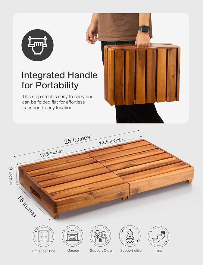 Holana 25 Inch Acacia Foldable Wooden Step Stool for Adults & Elderly & Handicap- Adjustable 3" to 6" - Heavy Duty 400lbs - Mobility Step Stool for High Beds & Outdoor Use - Wood Stepping Stool