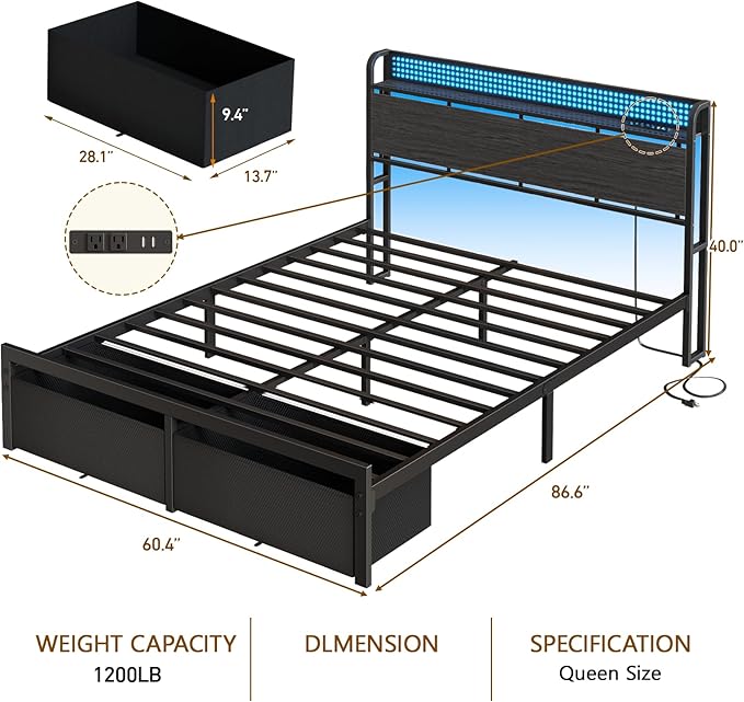 Queen Bed Frame with Headboard Storage, Charging Station, Drawers | 2-Tier Wood Shelves,LED Lights,1200 Lbs Capacity,USB & Type-C Ports,No Box Spring Needed,Noise Free,Easy Assembly,Rustic Grey