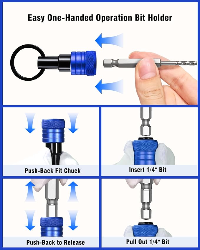 Katerk Bit Holder Keychain 12 Pcs, 1/4-Inch Hex Shank, Quick Release, Blue | Aluminum Alloy, Impact Drivers, Drill Bits, Tool Belt Use, Carabiner Clip, One-Handed Operation, Ball Lock, Compact Organizer