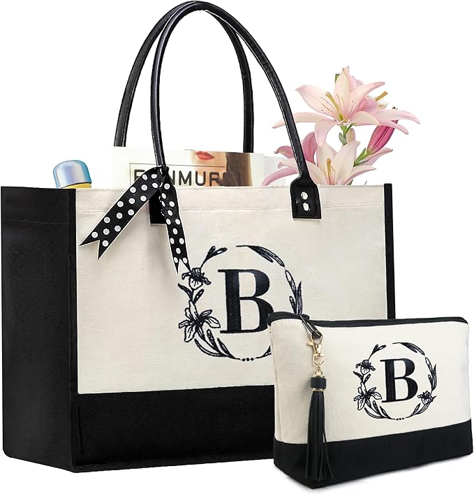 BeeGreen Personalized Christmas Gifts for Women Initial Monogram Tote Bag for Mother Friends with Inner Zipper Pocket & Leather Handles Letter B