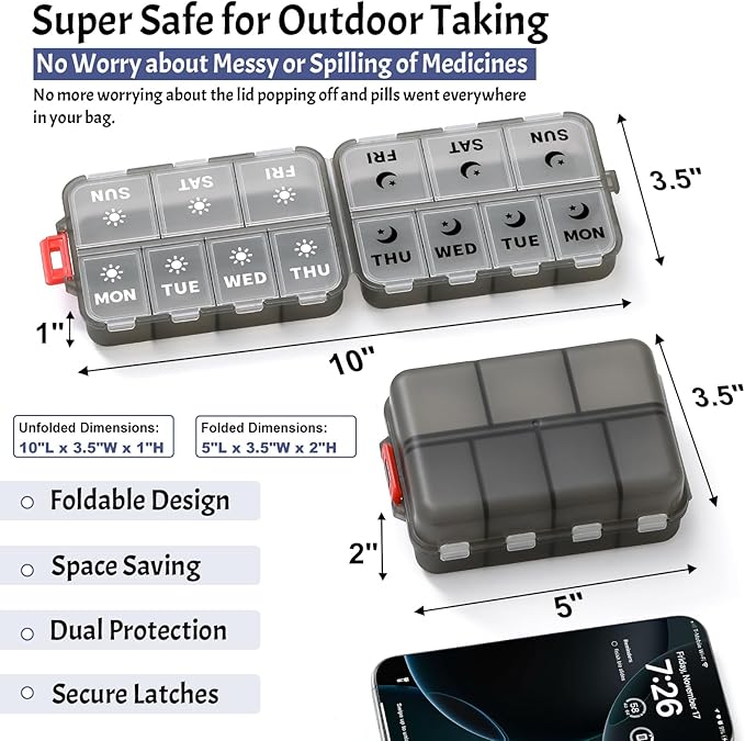 Foldable & Portable Weekly Pill Organizer 2 Times a Day with Clear Printed Labels - 7 Day AM PM Medicine Box, Week Daily Travel Pill Case Holder for Medications, Vitamin, Supplement - Clear Black