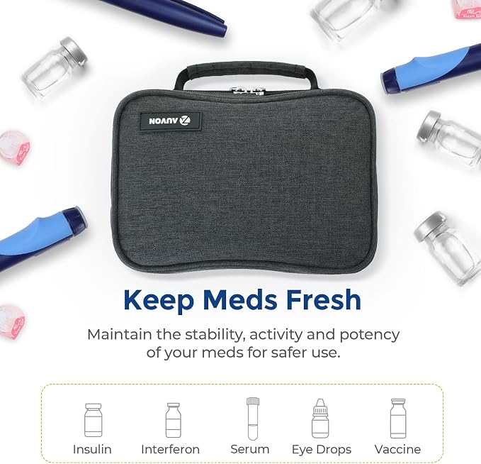 AUVON Insulin Cooler Travel Case, 4×160g TSA-Approved Ice Packs | Medication Cooler Bag for 8 Insulin Pens & Diabetic Supplies, Portable Handle for Daily Life and Trips
