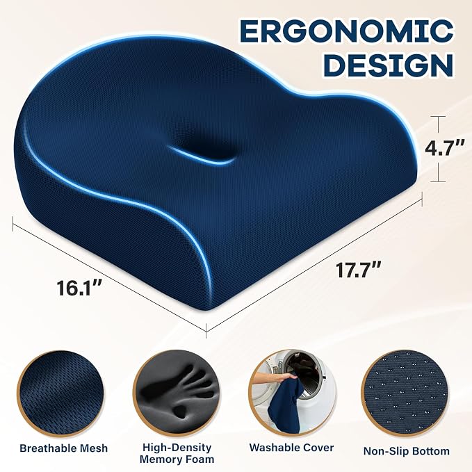 Ergonomic Memory Foam Seat Cushion for Office Chair, Blue | Wheelchair Cushions for Tailbone, Hip, Sciatica Support, Soft & Breathable, Chair Pad for Long Sitting, Driving