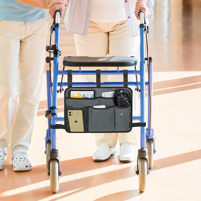Walker Bag for Folding Walker, Walker Basket for Folding Walkers with Cup Holder Multiple Pockets Bag for Walkers for Seniors Rollator Accessories Bag (Grey)