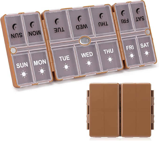 FYY Weekly Pill Organizer 2 Times a Day, Magnetic Travel Pill Box AM PM with Easy Open – 7-Day Daily Pill Case Medicine Organizer for Vitamins,Supplements - Brown