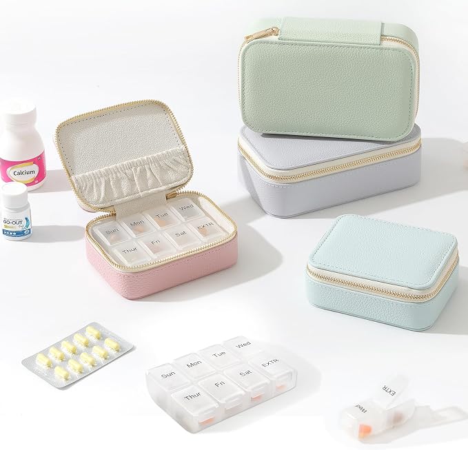 Genuine Leather Travel Pill Organizer Box Case 2 Times a Day for Purse for Women, Cute Medicine Pill Holder Containers for Vitamin Medium Weekly Daily 7 Day Am Pm Pill Organizer(Blue)