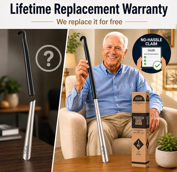 Velette Extra Long Shoe Horn - 30 Inch Stainless Steel for Seniors | Extended Handle, Heavy Duty Metal, Standing Use, Fits Boots & Dress Footwear, Men and Women, Elderly, Tall