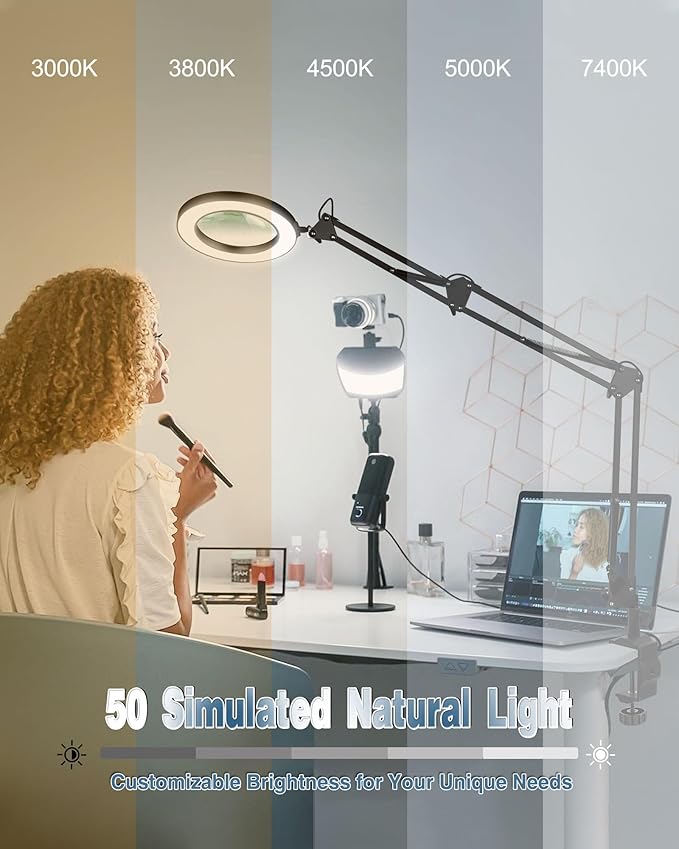 NOEVSBIG Magnifying Glass Desk Lamp with 3-Section Swing Arm and Big Clamp, Magnifying Glass with Light and Stand, 10X Wide Desk Magnifier Light for Reading/Office/Crafting/Close Work