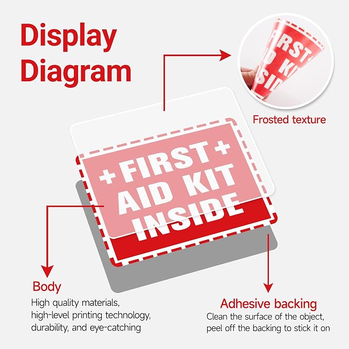 4PCS First Aid Sign Sticker, Self-Adhesive Waterproof First Aid Decals for First Aid Boxes, Emergency First Aid Kit Inside for Home, Car, Office, School, Factoryor Business 5.1''x3.9''