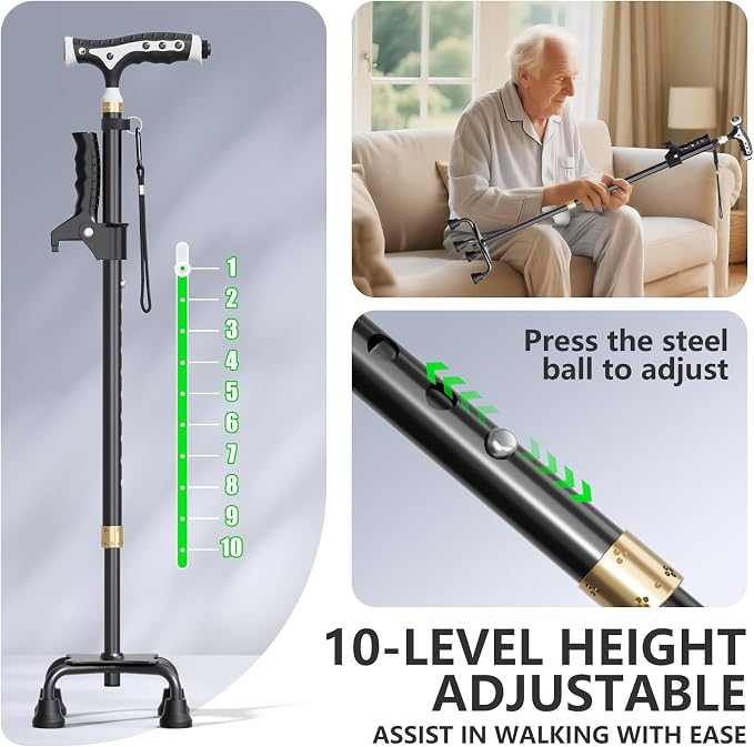 Hold 440 lbs Walking Cane for Seniors Aluminum Alloy Lightweight Height Adjustable Walking Stick Heavy Duty Foldbale Free Standing Cane with LED for Men and Women Adults