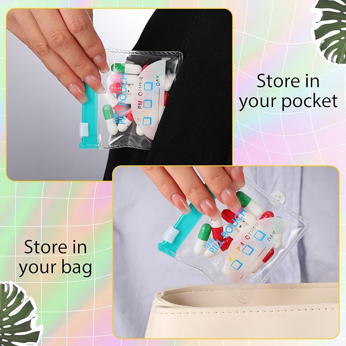 Sherr 35 Pcs Pill Pouch Bags with Zipper Pill Pouch Set Travel Reusable Translucent Medicine Organizer Self Sealing Plastic Bag with Slide Lock for Storage(Vivid Colors,3 x 3 Inch,Day Style)