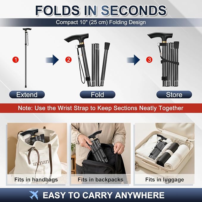 supregear Folding Cane, 5-Level Adjustable Height Walking Stick Lightweight Collapsible Portable Travel Cane with Wrist Strap and T Handle for Elderly Disabled Men Women