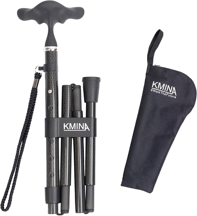 KMINA Folding Cane for Men and Women (Carbon Fiber), Soft Grip, Adjustable Height, Lightweight, Black, PRO Model