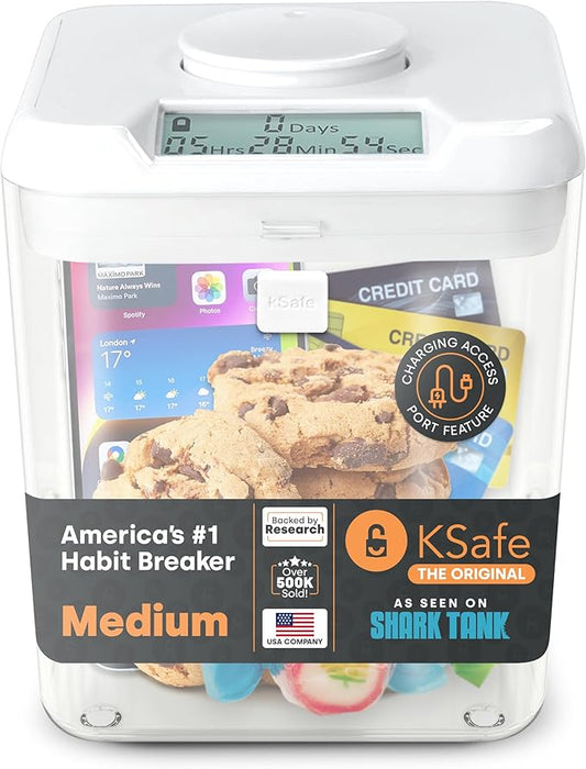 Kitchen Safe Time Locking Container (Medium), Timed Lock Box for Cell Phones, Snacks, and other unwanted temptations (White Lid + 5.5” Clear Base)