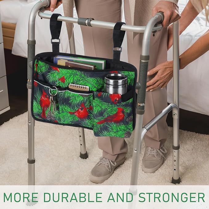 Hillban Large Walker Bag Red Cardinal Wheelchair Side Bag with Water Cup Holder Lightweight Rollator Folding Walker Basket for Seniors Red Cardinal Gifts for Nursing Home Residents