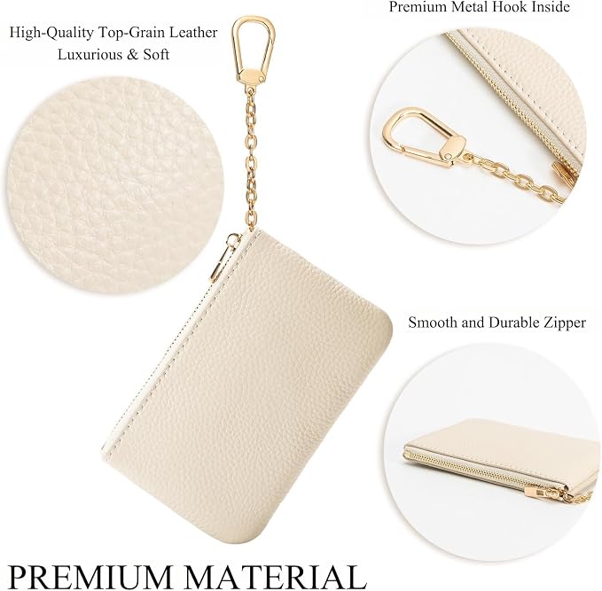Full Grain Leather Coin Purse with Key Chain - Small Change Purse Keychain Card Holder Keychain Pouch Small Keychain Wallet for Women and Men (Creamy-white, Large Size)