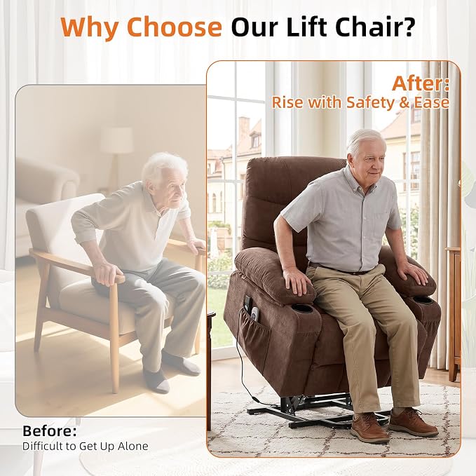 Power Lift Recliner Chair for Elderly with Vibration Massage and Lumbar Heating Electric Recliner Sofa with Cup Holders and USB Charge Port for Living Room Comfort,Deep Brown