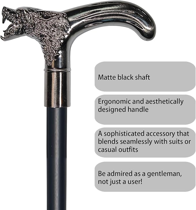 Walking Cane for Men & Women & Seniors - 36.5 Inch Heavy Duty 500+ lbs Capacity, Wolf Ergonomic Handle, Decorative & Ornate Design, Gothic & Goth Elegant Artistry, Metal Cane