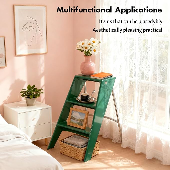 Acrylic 3 Step Ladder Folding Step Stool for Adults Foldable Small Step Stool Ladder for Kitchen Plastic Stepladder Modern Collapsible Ladder for Closet Home Bathroom Indoor (Green)