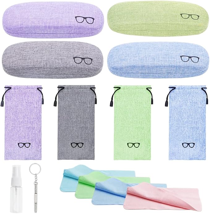 LZYMSZ 4 Sets Glasses Case, Portable Linen Hard Shell Eyeglasses Cases, Protective Glasses Box for Storage Sunglasses, Eye Glass Carry Case with Glasses Accessories (Drawstring Pouch, Cleaning Cloth)