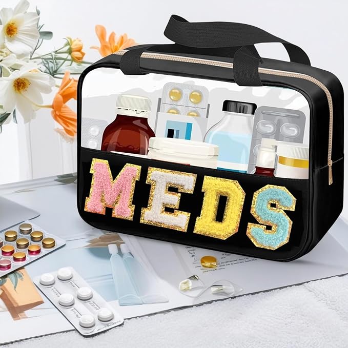 2 Pcs Chenille Letter MEDS Bag Clear Small Medical Medicine bag for Traveling Preppy Emergency Patch Bag with Handle and Zipper Waterproof Nylon Portable Makeup Bag for Women