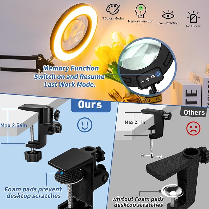 HITTI 12X & 30X Ultra Long Magnifying Glass with Light and Clamp | Swivel Arm, 5 Color Modes Steepless Dimming LED Desk Lamp, Hands Free Lighted Magnifier Stand for Workbench Reading Hobby