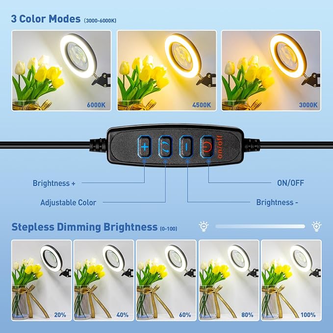 HITTI 10X Magnifying Glass with Light, 1800 Lumens Stepless Dimmable, 3 Color Modes, 4.2″ Real Glass Lens LED Lamp Square Base & Clamp, Magnifier Light and Stand for Panting, Puzzle, Close Work