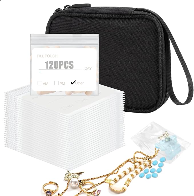 Pill Pouch Bags for Travel with Medicine Bag, Pack of 120 BPA Free 3 x 2.75 inch Reusable Pill Bag for Medicine with Write on Label Clear Ziplock Seal Daily AM PM Pill Baggies for Medicine Organizer