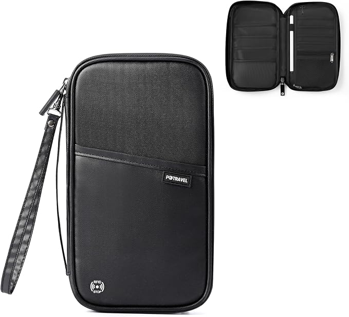 Travel Passport Holder, Large Family Passport Walle for Men Women RFID Passport Cover Lightweight Portable Document Organizer with Wrist Strap (Black)