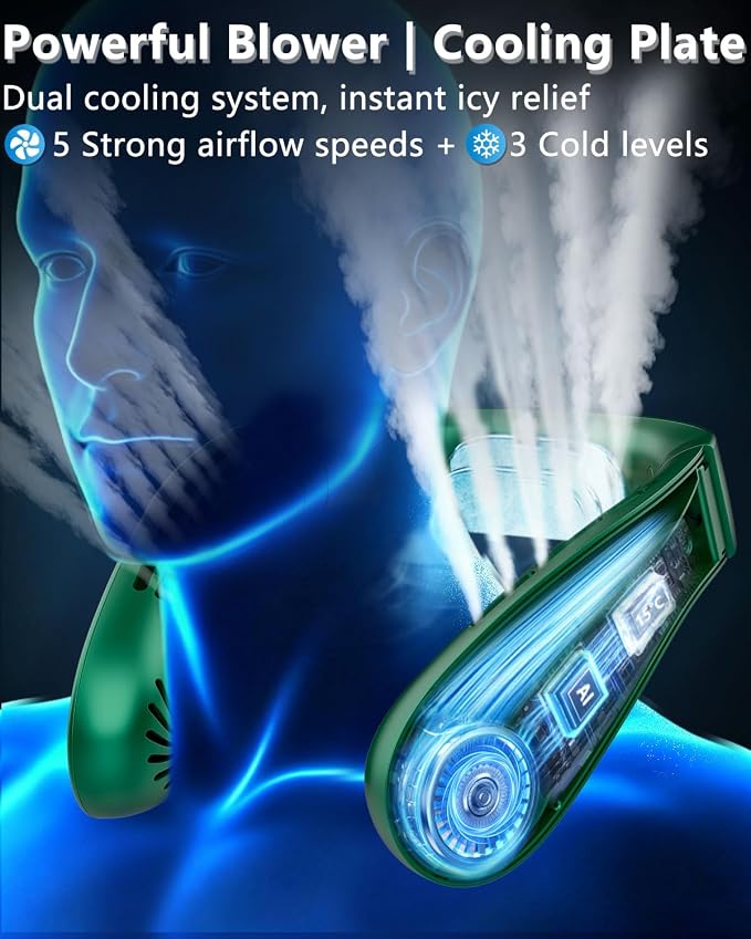 FWV Personal Neck Fan with Cooling Plate, Noiseless 5-Speed Airflow, 5500mAh 3-24H Battery, LED Display Wearable Head Fans, Bladeless Portable Neck Air Conditioner for Worker Traveler Runner Green