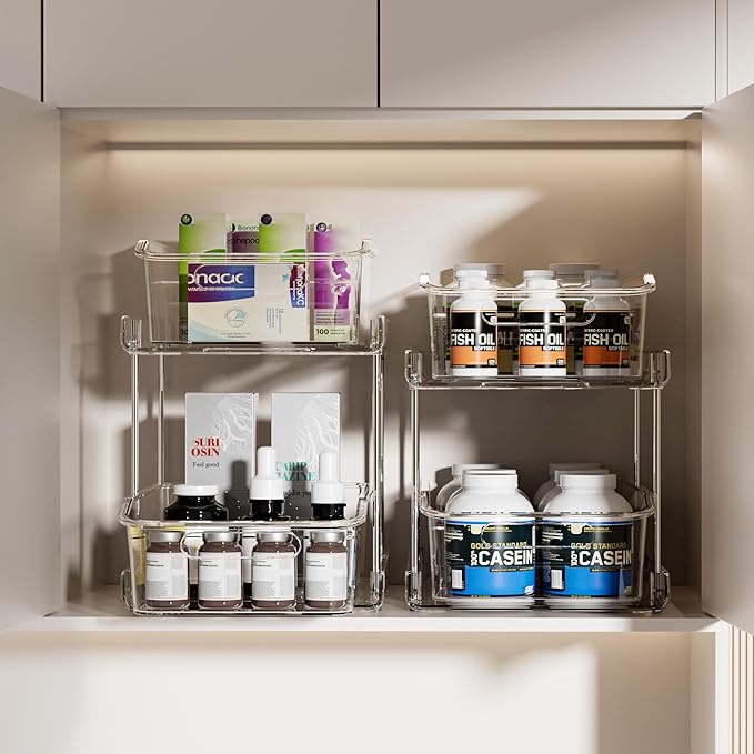 Delamu 2-Tier Under Sink Organizers and Storage, Multi-Purpose Stackable Bathroom Cabinet organizers, Pull Out Kitchen Pantry Organization and Storage with Dividers(2 Pack, Clear)