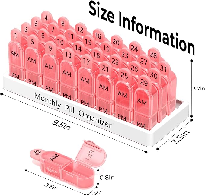 Daviky Monthly Pill Organizer 2 Times a Day - 30 Day Pill Box AM PM, BPA Free One Month Medicine Organizer Twice Daily, 31-Day Case to Hold Vitamins, Supplements & Medication, Pink