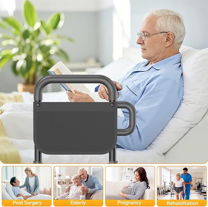 Bed Rails for Elderly Adults Safety – Adjustable Height Bed Assist Rail for Seniors, 400lb Capacity, ASTM Approved, Non-Slip Handle, Fixing Strap & Storage Pocket (Twin/Full/Queen/King)
