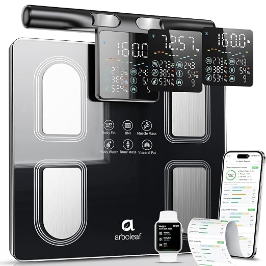 Arboleaf 8-Electrode Body Composition Scale, 5.3" Eye-Level Handle Display, 50+ Metrics Smart Fat Scale for Body Weight, Bluetooth App Sync, 400lb Capacity for Home Gym, Black