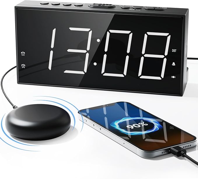 Roxicosly Alarm Clock for Heavy Sleepers with Bed Shaker, Dual Alarm Clock with USB Charger, 7.5" Large LED Display, Adjustable Brightness, Snooze, 12/24H & Battery Backup for Hard of Hearing/Deaf