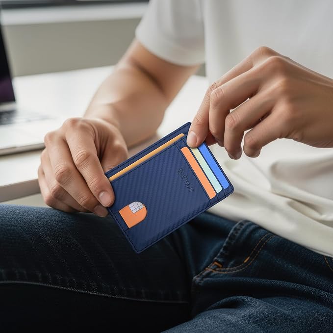 Buffway Slim Minimalist Front Pocket RFID Blocking Leather Wallets for Men and Women - Carbon Fiber Blue