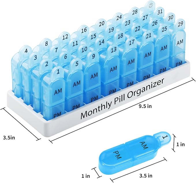 Daviky Monthly Pill Organizer 2 Times a Day, 30 Day Pill Box AM PM with Separate Container, One Month Medicine Case Twice a Day to Hold Vitamins, Supplements and Medication (Blue)
