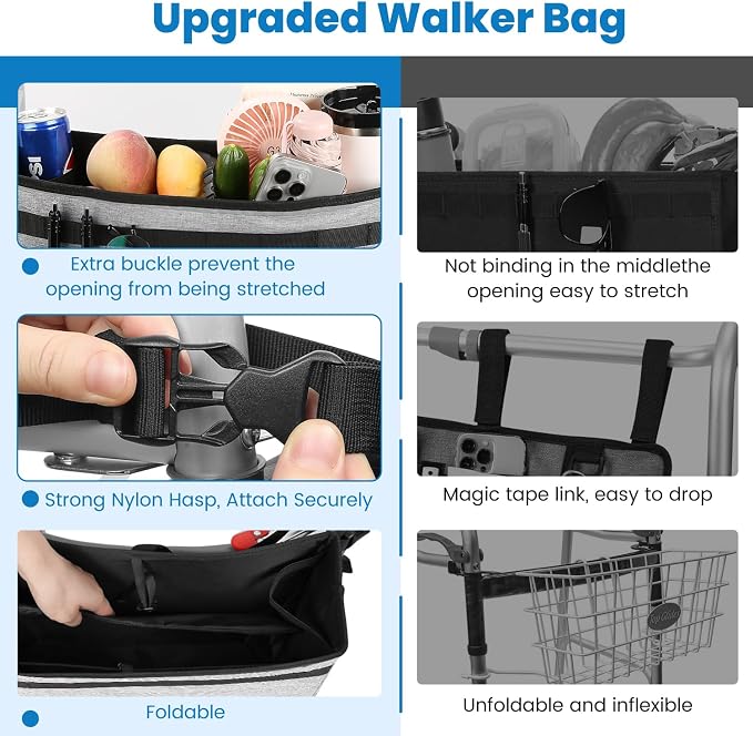 ZHCHG Walker Basket for Seniors, Walker Accessories Bag for Folding Walker | Large Capacity & Never Tipping Over, Best Gift- (Not Fit Rollator Walkers) -Gray