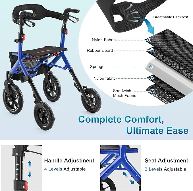 Rollator Walker with Seat, Tall Walkers for Seniors, 12" Big Rubber Wheels All Terrain Rollator Walker with Backrest, Built-in Cable, Foldable and Dual Adjustable Height for 5.3-7ft, Blue