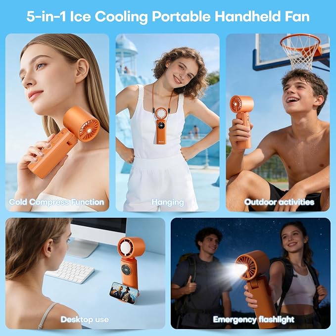 6000mAh Portable Handheld Fan with Ice Cooling, 199 Levels Stepless Speed, 20H Long Battery Life, 20000RPM Turbo Fan Rechargeable Personal Mini Fan for Travel, Outdoor, Makeup (Orange)