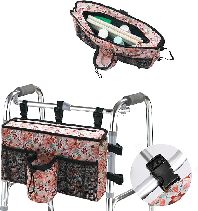 Double-Sided Walker Bag with Flower Design,Tote Handle Zipper Plug Buckle Organizer Pouch for Seniors, Walker Accessories