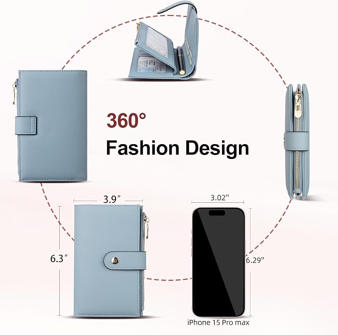 Womens Wallet RFID Blocking Vegan Leather Trifold Clutch Credit Card Holder Ladies Travel Wallet Purse with Passport/Pen Holder